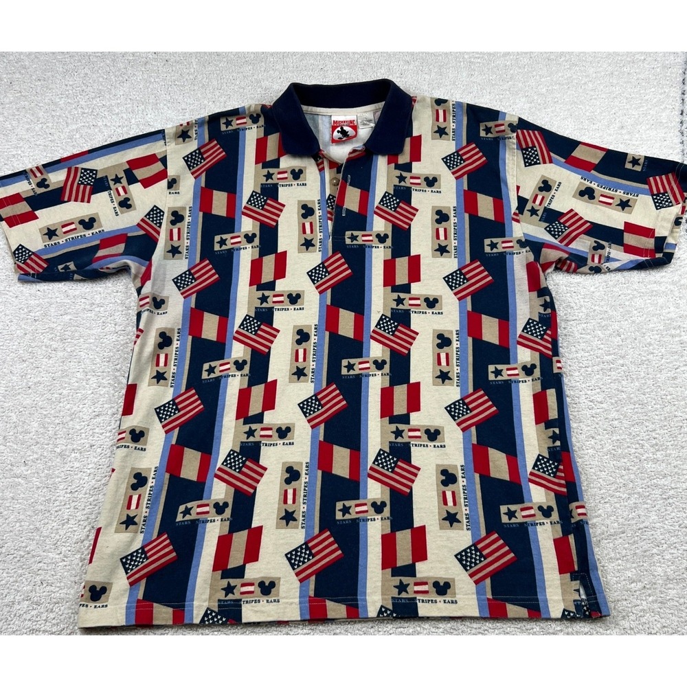 Vintage Mickey Inc Mens XL Patriotic American Flag Polo Shirt Stars Stripes Ears